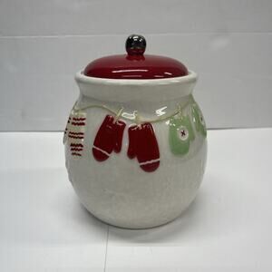 Hallmark Ceramic Cookie Jar Mittens Close Line White Red Green Jingle Bell 7”